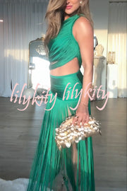 Dancing Miracle One Shoulder High Waist Hollow Design Tassel Hem Drape Mini Dress