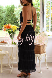 Feel Chic and Romantic Sequin Textured Material Drawstring Waist Tiered Maxi Skirt