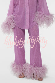 Glitter Fabric Feather Trim Long Sleeve Button Top and Elastic Waist Loose Straight Pants Set