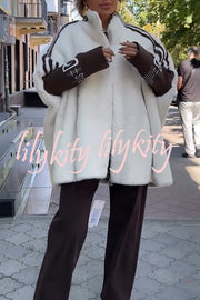 Fashion Sports Stripe Print and Ribbed Embroidered Long Sleeve Zipper Stand Nack Pocket Plush Coat