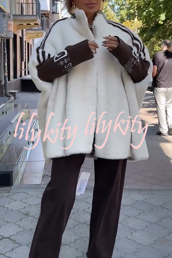Fashion Sports Stripe Print and Ribbed Embroidered Long Sleeve Zipper Stand Nack Pocket Plush Coat