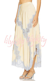 Wine Tasting Contrast Color Satin Lace Trim Irregular Hem Drape Midi Skirt