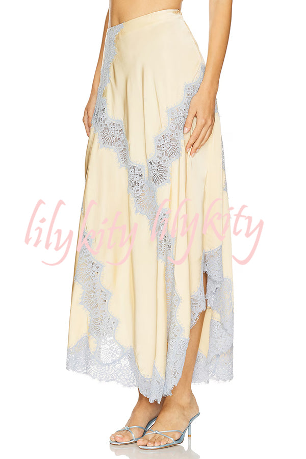 Wine Tasting Contrast Color Satin Lace Trim Irregular Hem Drape Midi Skirt