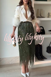 Party Crasher Feather Trim Long Sleeve Button Up Loose Blouse