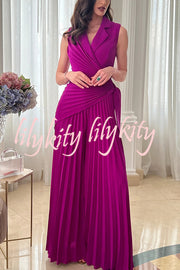 Solid Color Lapel Sleeveless Waist Tie Pleated Wide-leg Jumpsuit