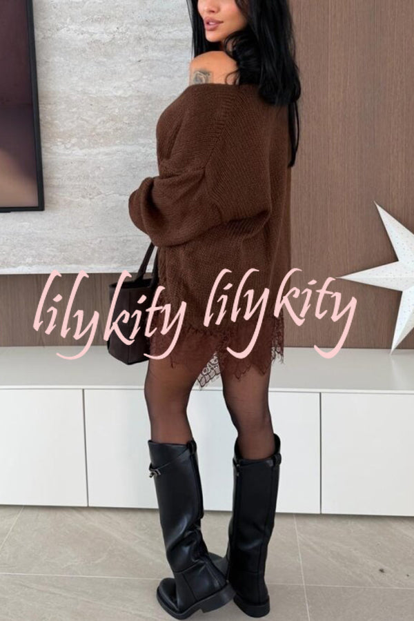 Comfy and Sweet Knit Lace Patchwork Hem Wide Neck Long Sleeve Loose Sweater