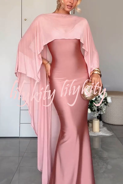 Party Charm Satin Sheer Chiffon High Low Cape Slip Maxi Dress
