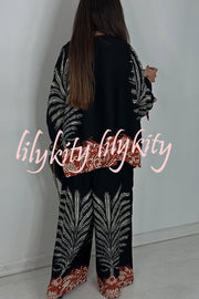 Unique Print Loose Drawstring Long Sleeve Top and Elastic Waist Casual Pocket Wide Leg Pants Set