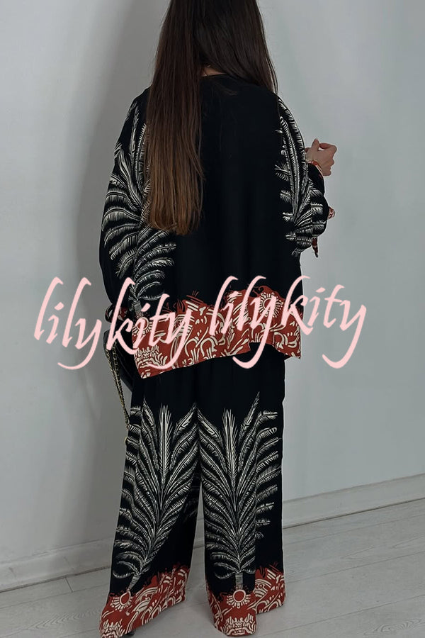 Unique Print Loose Drawstring Long Sleeve Top and Elastic Waist Casual Pocket Wide Leg Pants Set