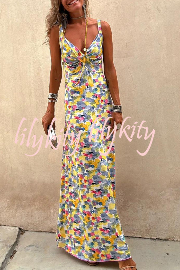 Flora Watercolor Print Crossover Neck Wide Straps Stretch Maxi Dress