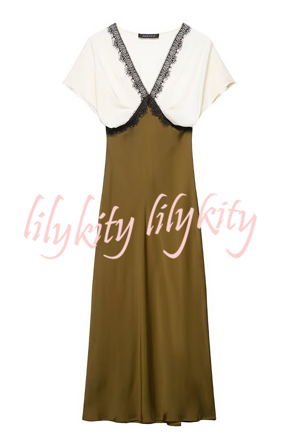 Fashionable Contrast Color V-neck Lace Stitching Maxi Dress