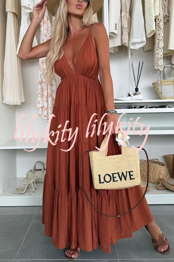 Bohemian Style V-neck Backless Slip Layered Vacation Maxi Dress