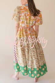 Linen Blend Unique Print Lapel Puff Sleeve Casual Midi Dress