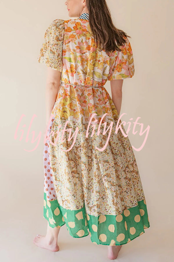 Linen Blend Unique Print Lapel Puff Sleeve Casual Midi Dress