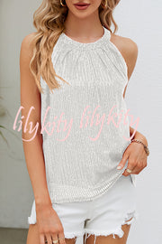 The Best Sequin Crew Neck Cutout Button Off Shoulder Top