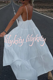 Bohemian Style V-neck Backless Slip Layered Vacation Maxi Dress