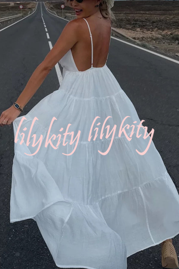 Bohemian Style V-neck Backless Slip Layered Vacation Maxi Dress