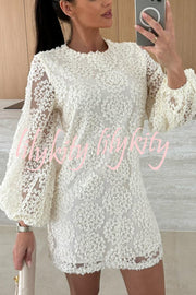 Love Note Lace Texture Fabric Balloon Sleeves Loose Mini Dress