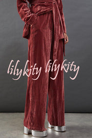 Solid Color Velvet Long-sleeved Waist Tie Top and Elastic Waist Casual Pocket Straight-leg Pants Set
