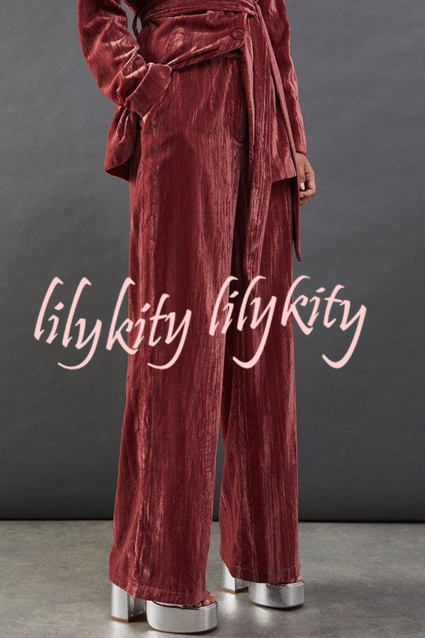 Solid Color Velvet Long-sleeved Waist Tie Top and Elastic Waist Casual Pocket Straight-leg Pants Set