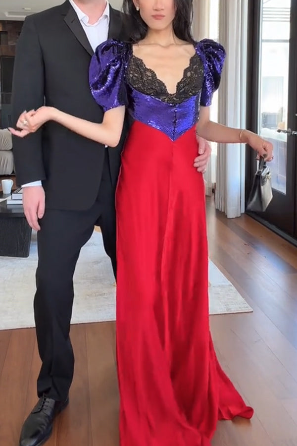 Like Snow White Sequin Lace Puff Sleeve Satin Hem Maxi Dress