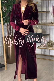 Creating Romance Velvet Ruched Drape Long Sleeve Stretch Maxi Dress