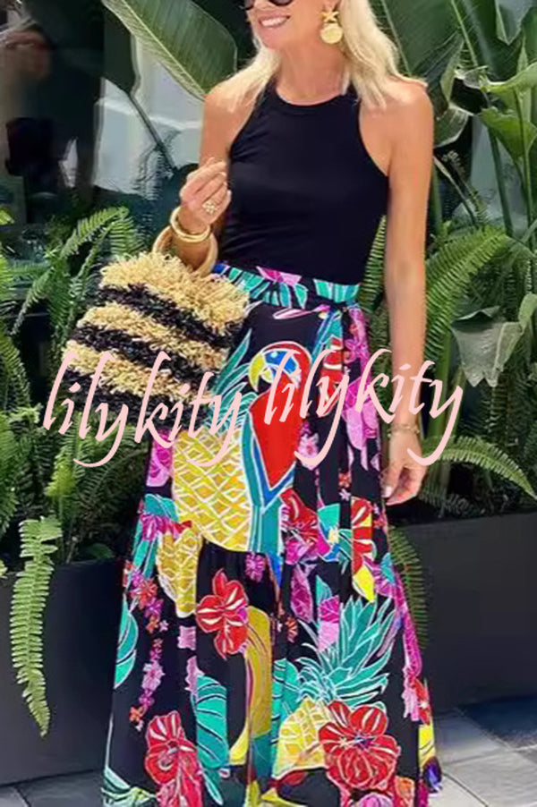 Tropical Flowers and Birds Print Loose Holiday Maxi Skirt