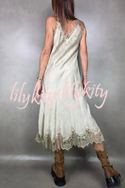Fashionable V-neck Suspender Lace Splicing Casual Midi Dress