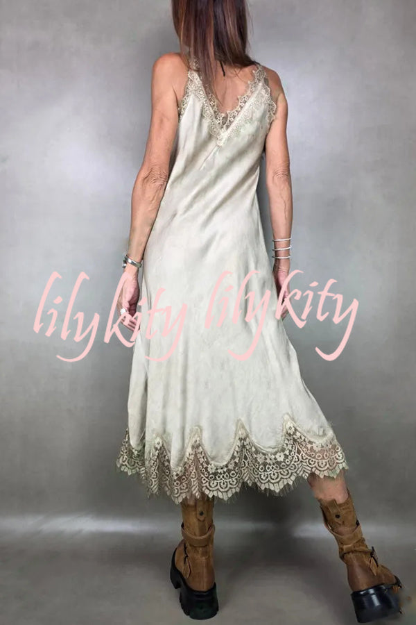 Fashionable V-neck Suspender Lace Splicing Casual Midi Dress