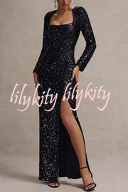 My Dreams Sparkle Sequin Square Neck Long Sleeves Slit Maxi Dress