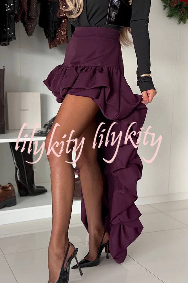 Toast To Midnight Solid Color High Rise Irregular Ruffled High Low Maxi Skirt