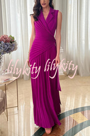 Solid Color Lapel Sleeveless Waist Tie Pleated Wide-leg Jumpsuit