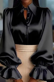 Solid Color Satin Puff Sleeve Casual Button-down Shirt