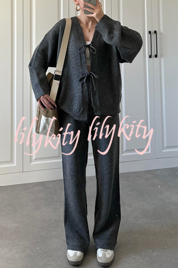 Solid Color V-neck Tie Long-sleeved Loose Knit Cardigan and Elastic Waist Casual Straight Leg Pants Set
