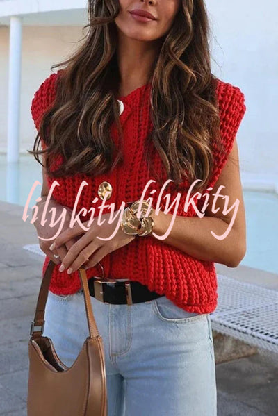 Solid Color Sleeveless Pocket Knitted Vest