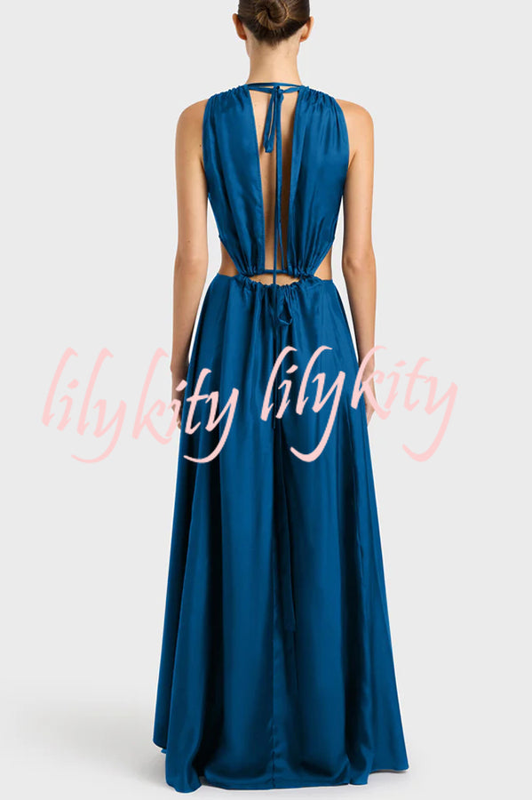 Midnight Charm Satin Ruched Cutout Tie-up Maxi Dress