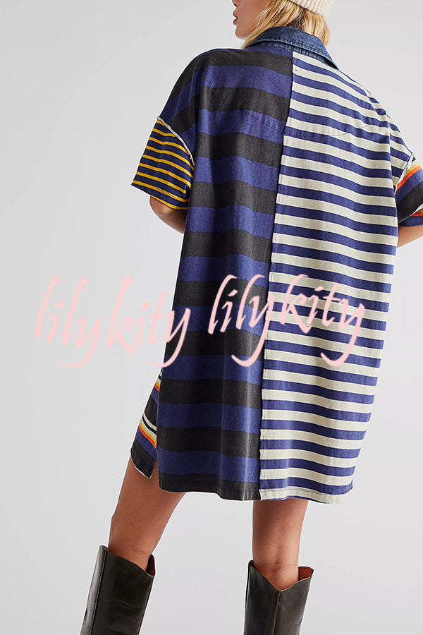 Contrast Striped Patchwork Denim Lapel Loose Casual Mini Dress