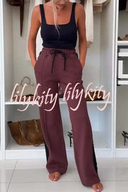 Fashion Lace Panel Long-sleeved Crop Top and Elastic Waist Tie Pocket Casual Pants Set