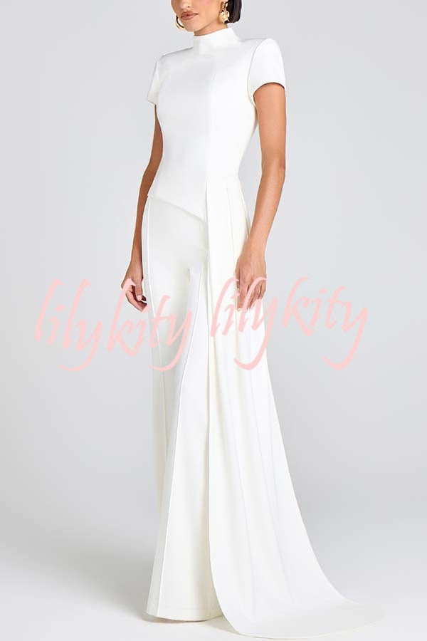 Pippa High Neck Short Sleeve Irregular Drape Hem Top and Elastic Waist Flare Pants Set
