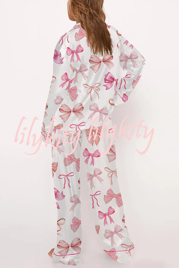 Stylish Bow-print Casual Long-sleeved Shirt and Elastic-waisted Wide-leg Pants Set