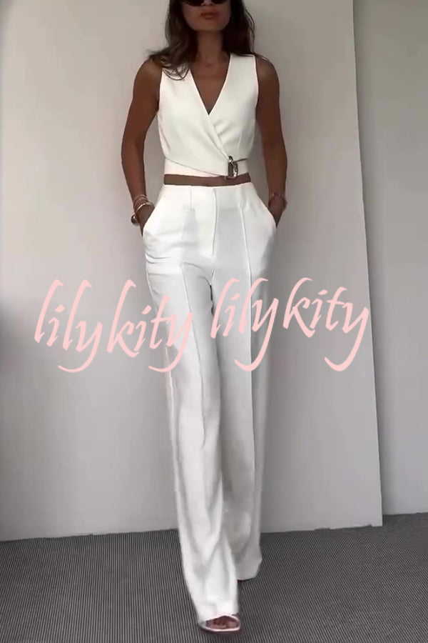 Crossover Slim Fit Sleeveless Vest and High Waisted Wide Leg Pants Set