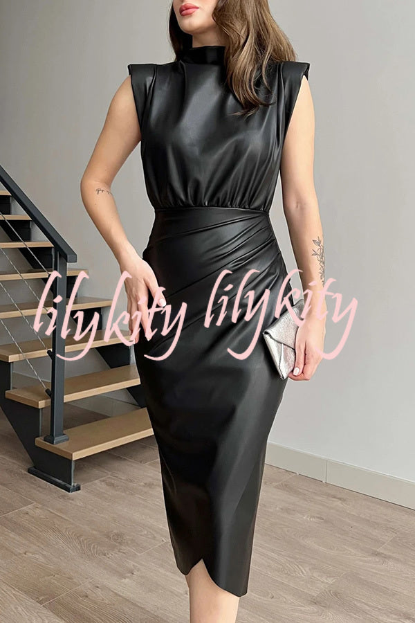 Elouise Faux Leather Turtleneck Shoulder Pads Ruched Slit Midi Dress