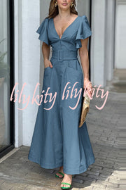 Solid Ruffle Sleeve V Neck High Waist Pocket Maxi Dress