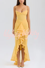 Retro Romantic Style Mesh Ruffle Trim Ruched Slit High Low Maxi Dress