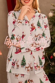 Christmas Holiday Print Long Sleeve Pocket Top and Elastic Waist Loose Pants Set