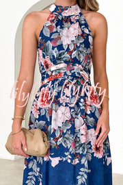 Floral Print Halterneck Tie Zip Smocked Maxi Dress