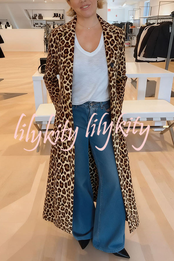 Leopard Print Long Sleeve Pocket Casual Maxi Trench Coat