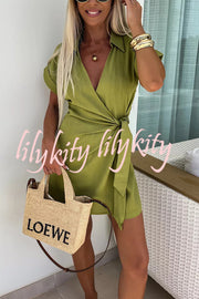 Relaxing Beach Linen Blend Solid Color Wrap Loose Shirt Romper