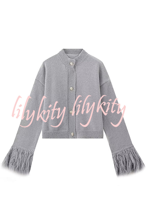 Solid Color Elegant Feather Long Sleeve Casual Knitted Cardigan