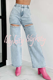 Blowing Your Mind Slit-Front Wide Leg Pocket Rhinestone Jeans